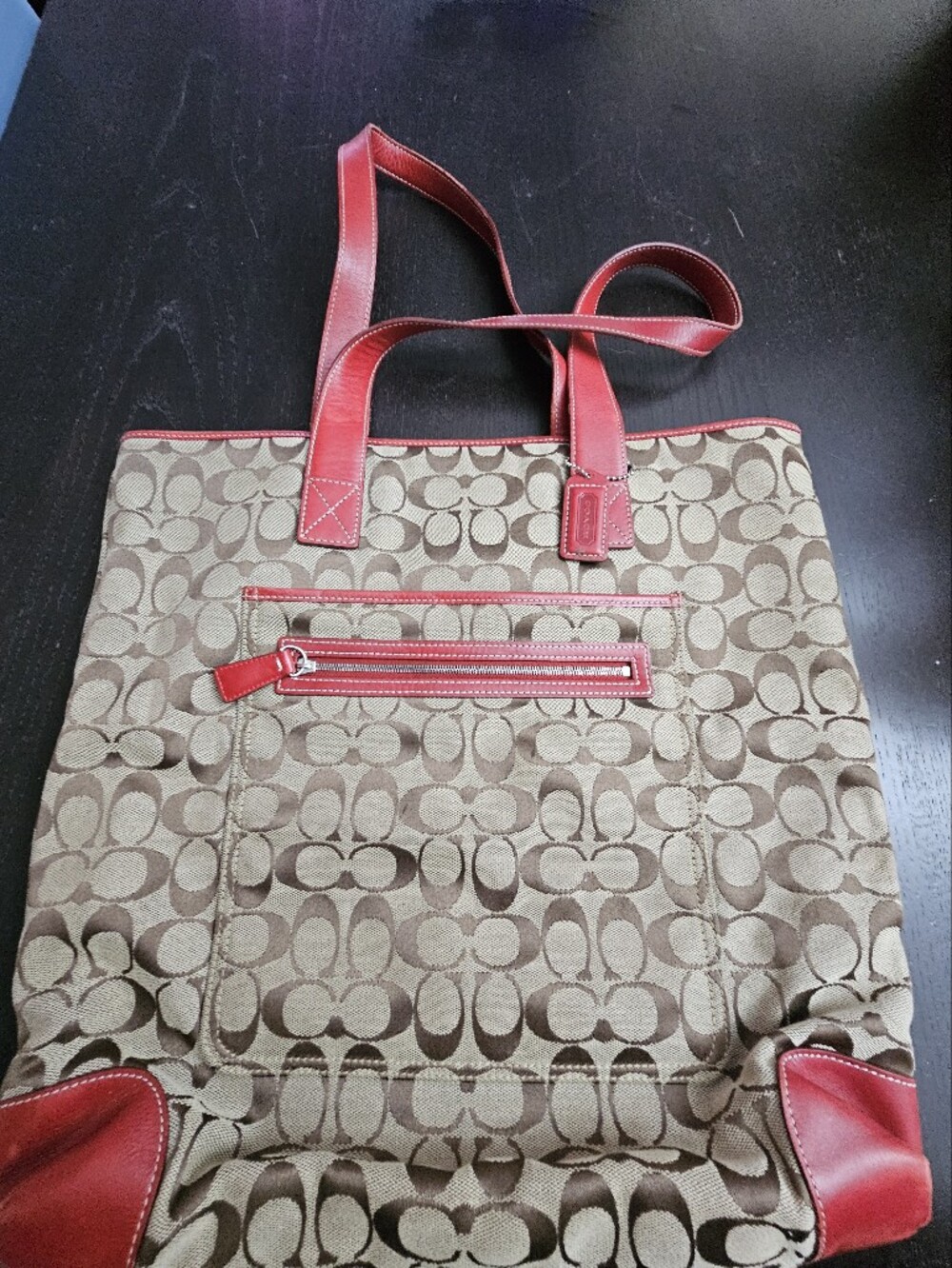 Coach Beige Signature Hamptons Canvas Tote with Red Trim